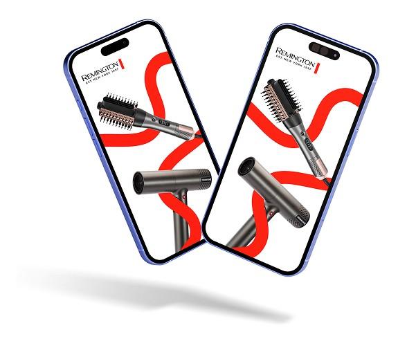 Dwa telefony iPhone 17 z produktami Remington na ekranach
